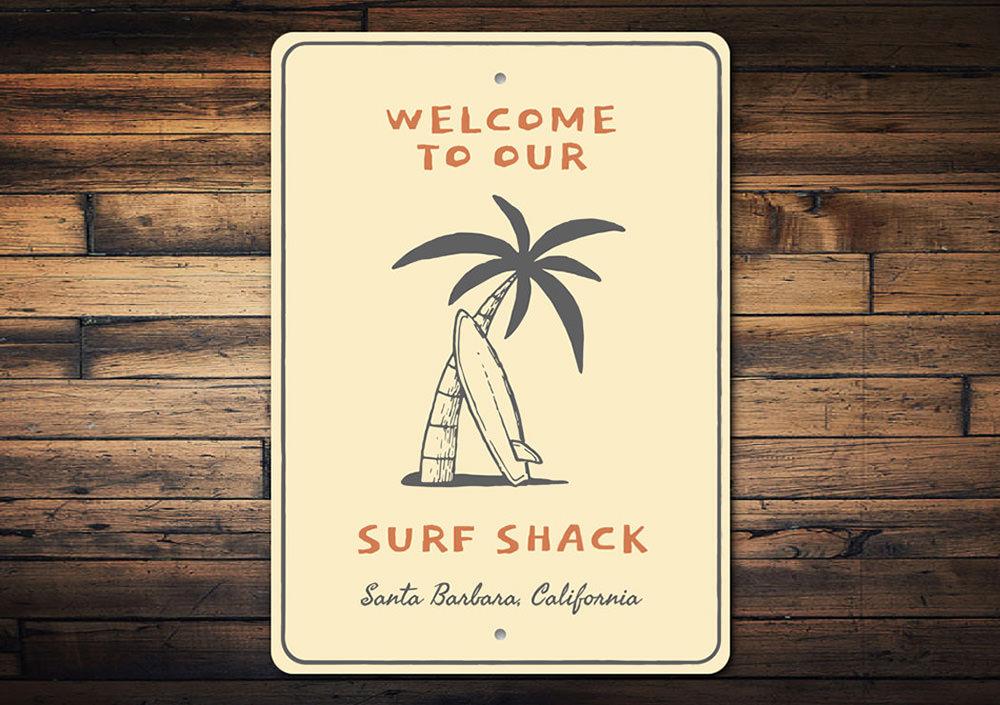 Surf Shack Welcome Sign made of high-quality aluminum, featuring vibrant colors and customizable text, perfect for beach-themed decor.