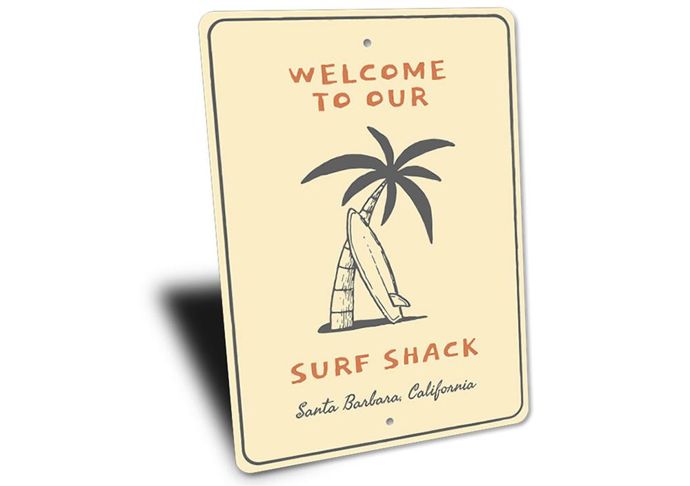 Surf Shack Welcome Sign made of high-quality aluminum, featuring vibrant colors and customizable text, perfect for beach-themed decor.