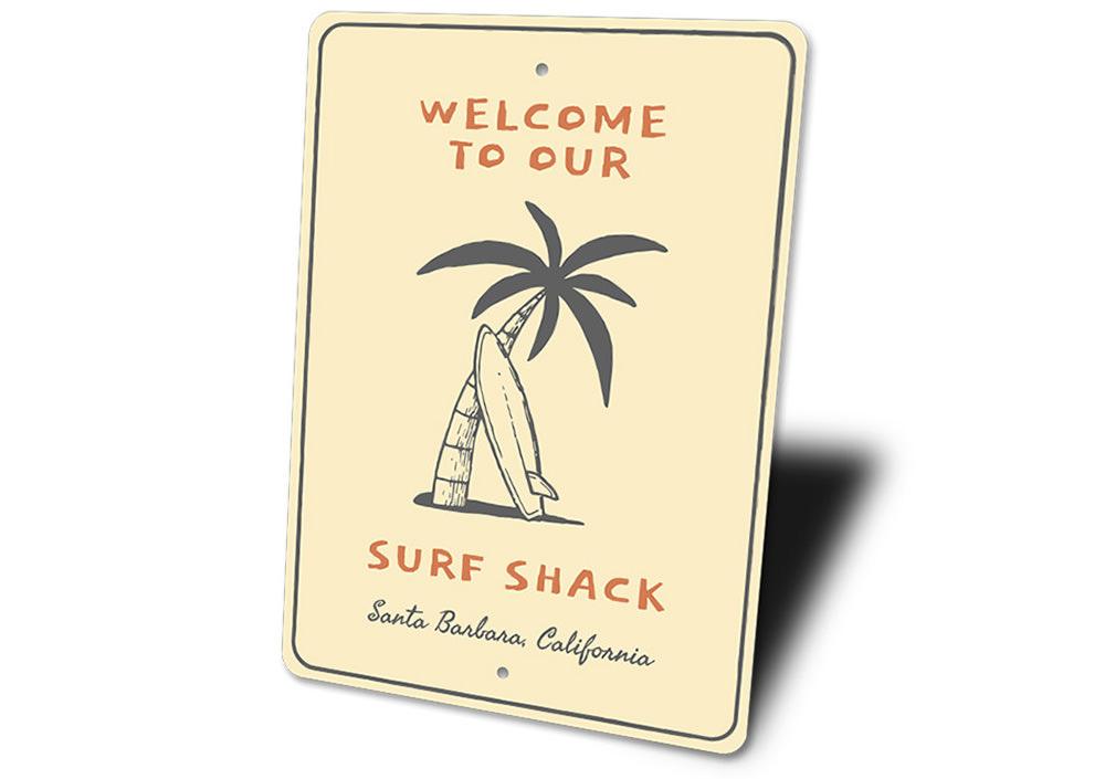 Surf Shack Welcome Sign made of high-quality aluminum, featuring vibrant colors and customizable text, perfect for beach-themed decor.