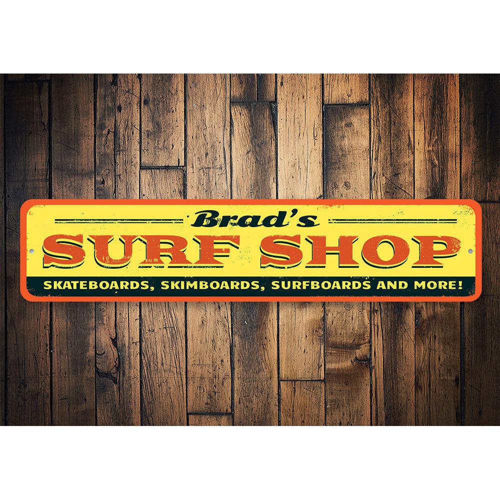 Customizable Surf Shop Sign made of high-quality aluminum, featuring vibrant colors and pre-drilled holes for easy mounting.