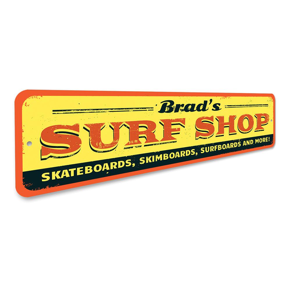 Customizable Surf Shop Sign made of high-quality aluminum, featuring vibrant colors and pre-drilled holes for easy mounting.