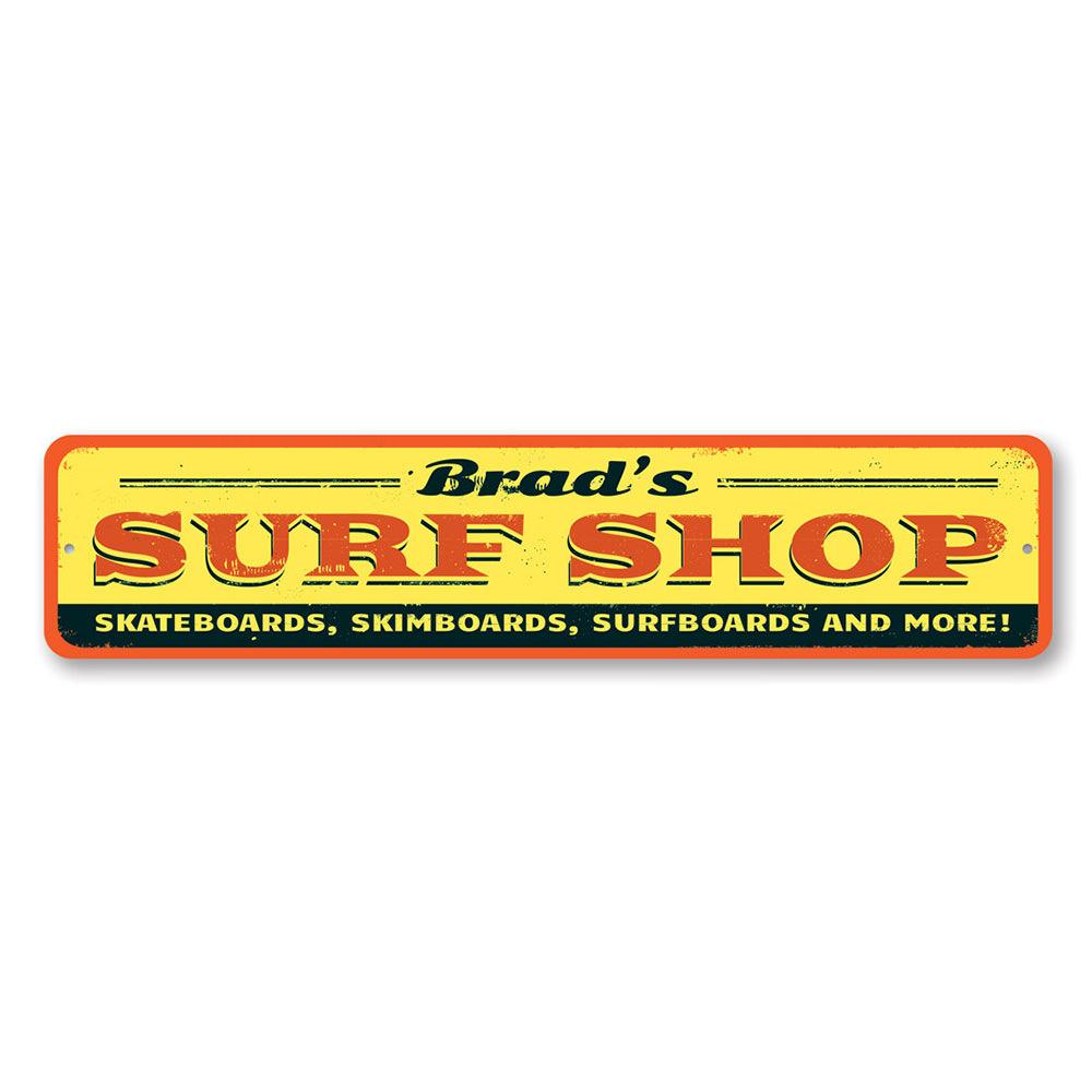 Customizable Surf Shop Sign made of high-quality aluminum, featuring vibrant colors and pre-drilled holes for easy mounting.