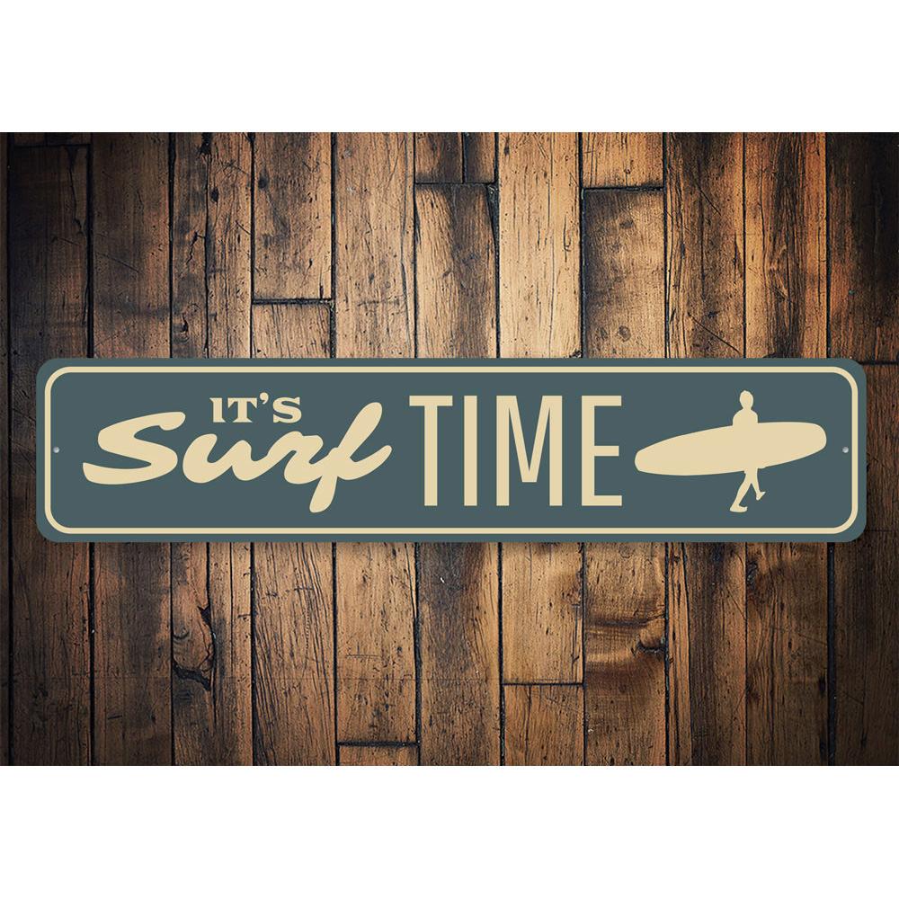 Surf Time Sign made of high-quality aluminum, featuring a vibrant beach-themed design, perfect for coastal decor.