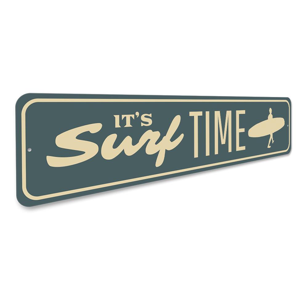 Surf Time Sign made of high-quality aluminum, featuring a vibrant beach-themed design, perfect for coastal decor.