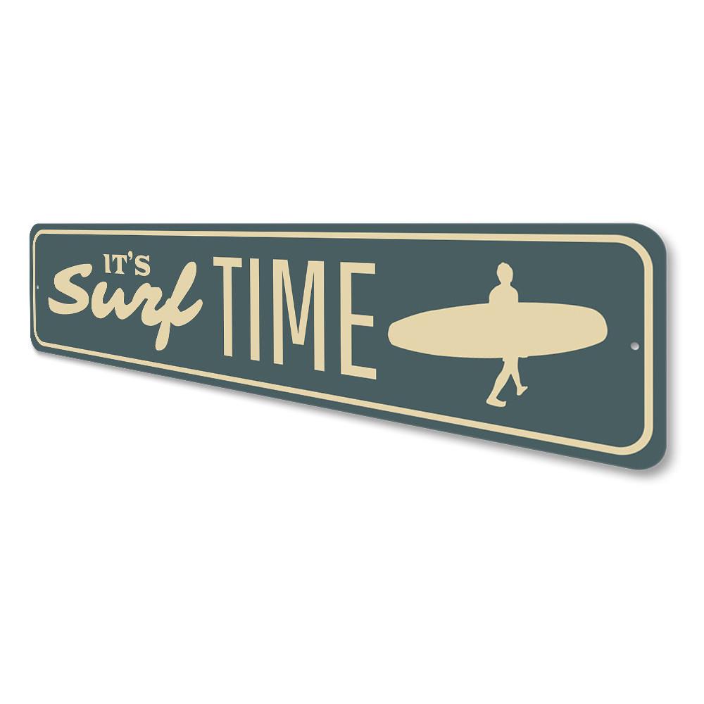 Surf Time Sign made of high-quality aluminum, featuring a vibrant beach-themed design, perfect for coastal decor.