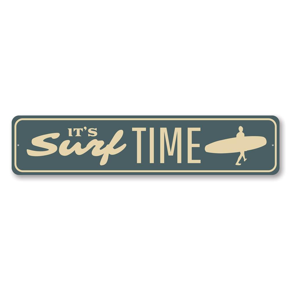 Surf Time Sign made of high-quality aluminum, featuring a vibrant beach-themed design, perfect for coastal decor.