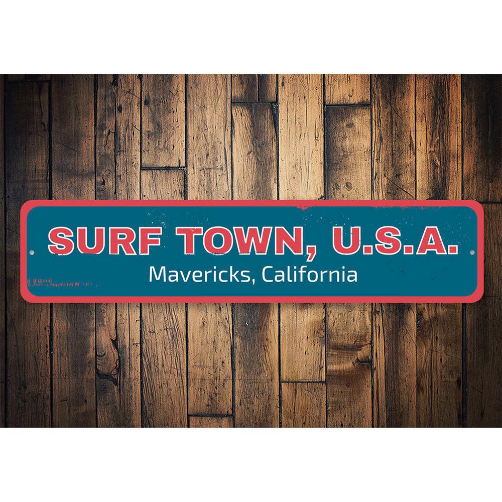 Surf Town USA Sign made of high-quality aluminum, featuring a coastal design perfect for beach houses and outdoor decor.