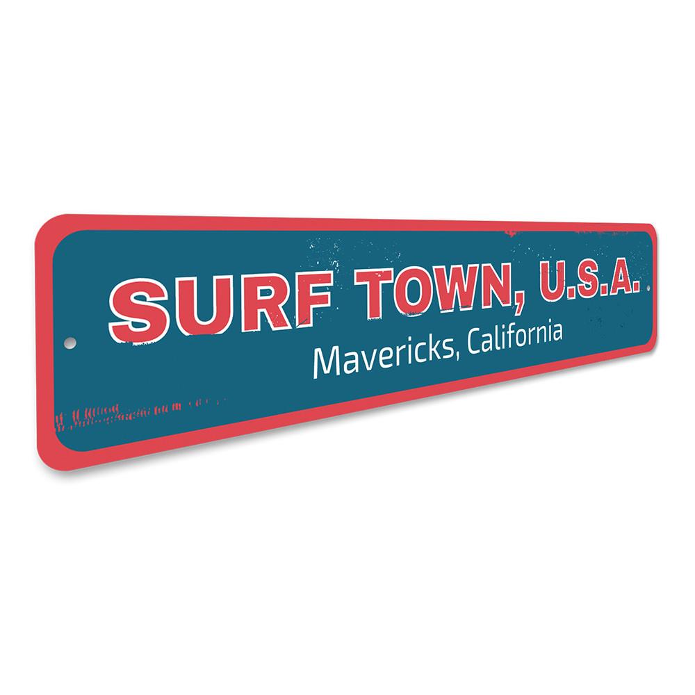 Surf Town USA Sign made of high-quality aluminum, featuring a coastal design perfect for beach houses and outdoor decor.