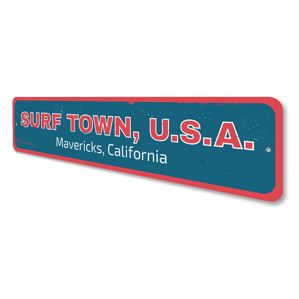 Surf Town USA Sign made of high-quality aluminum, featuring a coastal design perfect for beach houses and outdoor decor.