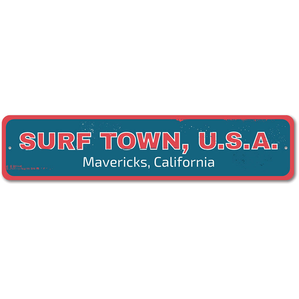 Surf Town USA Sign made of high-quality aluminum, featuring a coastal design perfect for beach houses and outdoor decor.