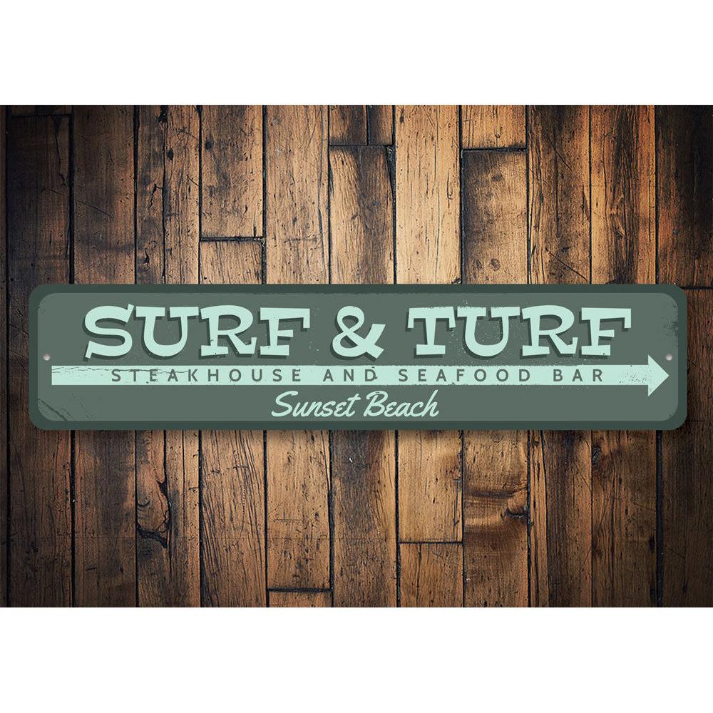 Customizable Surf & Turf Sign made of high-quality aluminum, featuring beach-themed design, perfect for coastal decor.