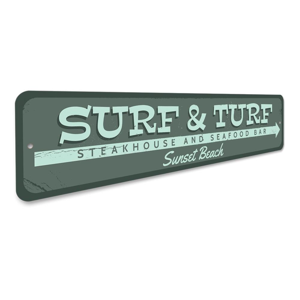 Customizable Surf & Turf Sign made of high-quality aluminum, featuring beach-themed design, perfect for coastal decor.