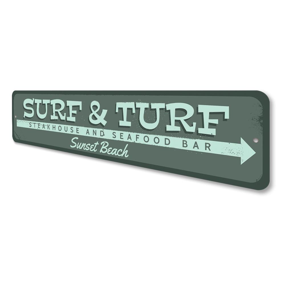 Customizable Surf & Turf Sign made of high-quality aluminum, featuring beach-themed design, perfect for coastal decor.