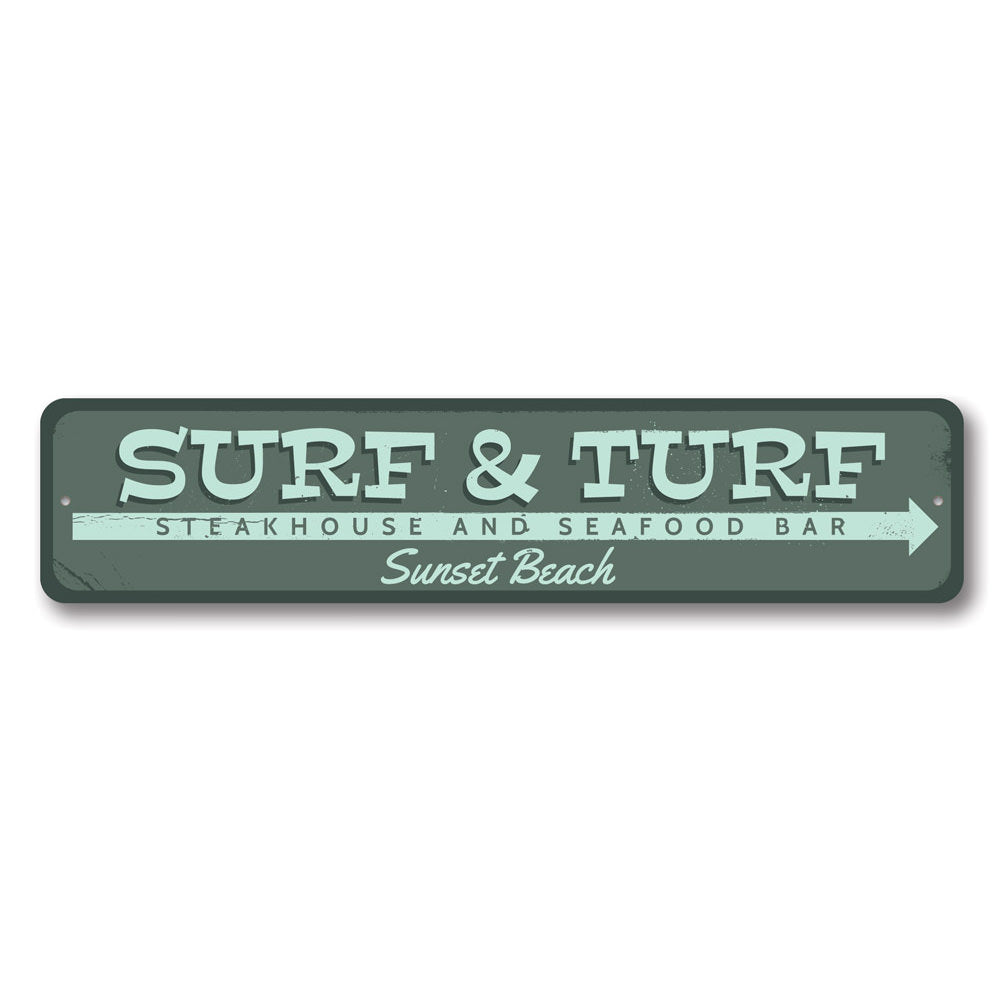 Customizable Surf & Turf Sign made of high-quality aluminum, featuring beach-themed design, perfect for coastal decor.