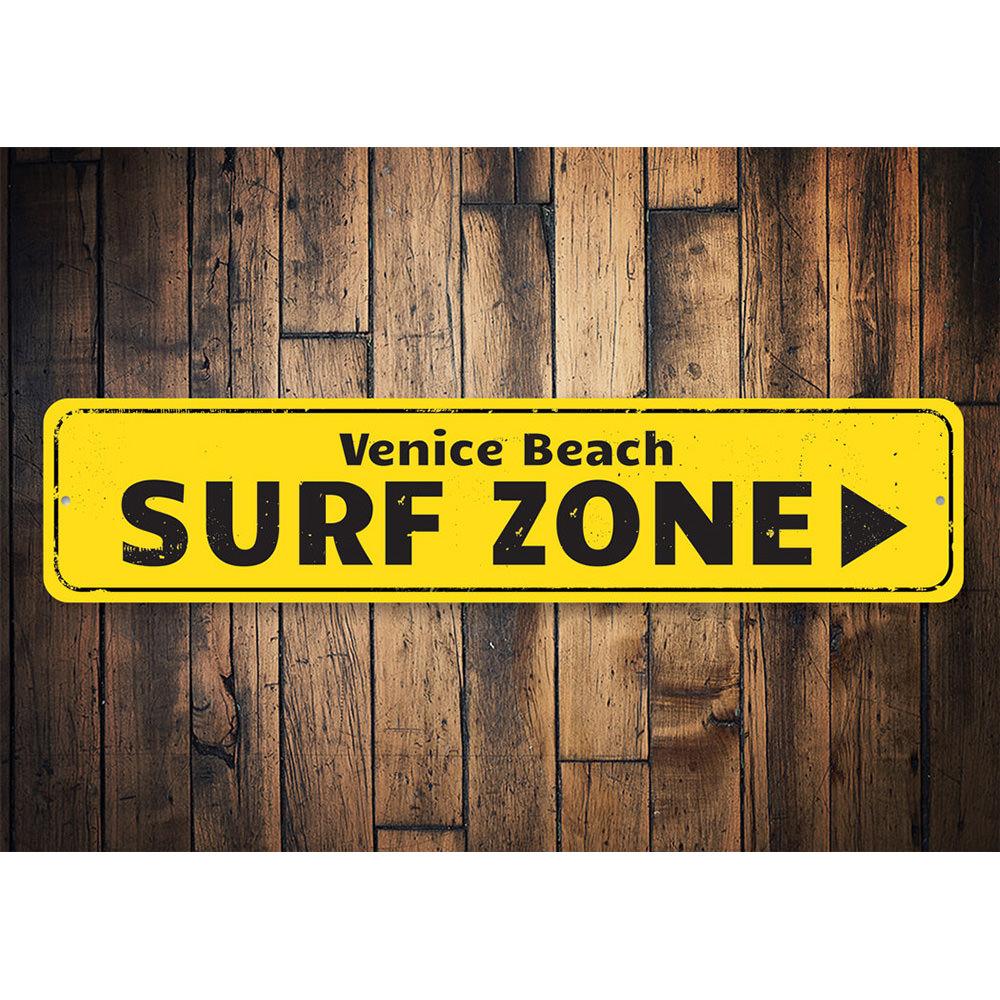 Surf Zone Sign made of high-quality aluminum, featuring a beach-themed design, perfect for coastal decor.