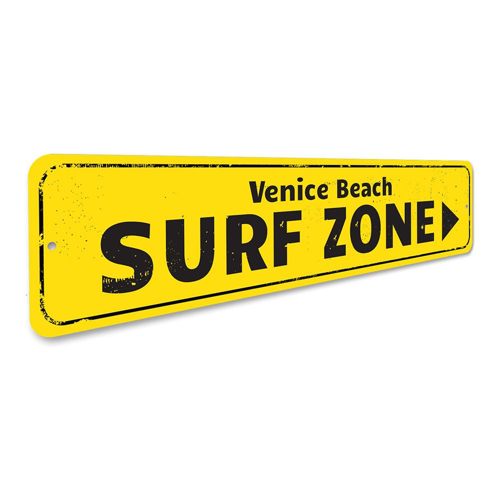 Surf Zone Sign made of high-quality aluminum, featuring a beach-themed design, perfect for coastal decor.