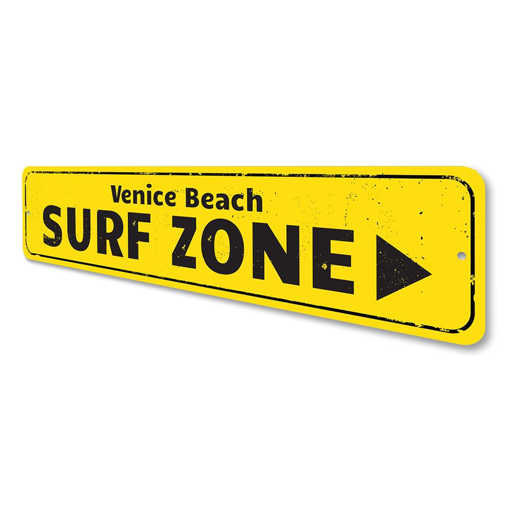 Surf Zone Sign made of high-quality aluminum, featuring a beach-themed design, perfect for coastal decor.