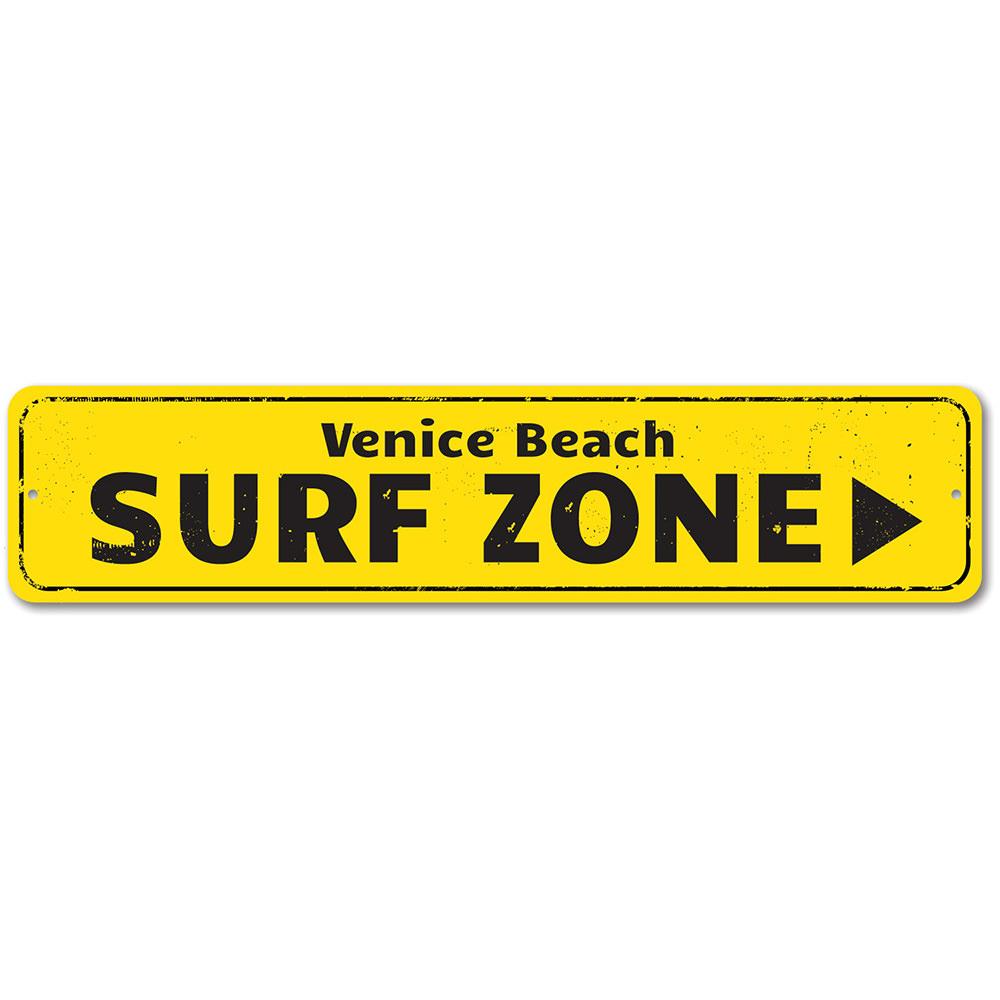 Surf Zone Sign made of high-quality aluminum, featuring a beach-themed design, perfect for coastal decor.