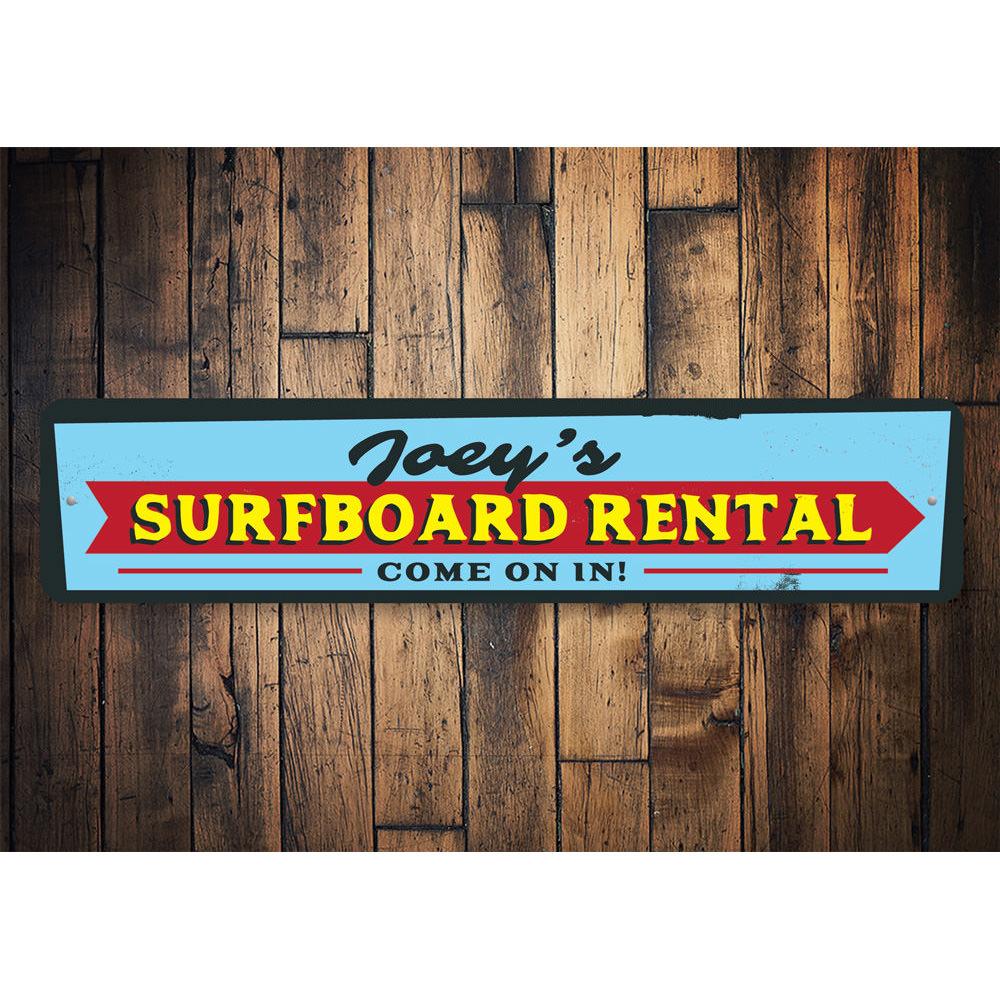 A vibrant Surfboard Rental Sign made of high-quality aluminum, featuring customizable text and a beach-themed design, perfect for coastal decor.