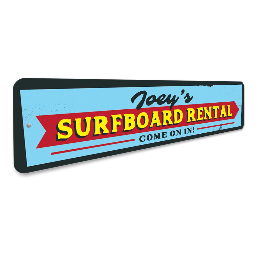 A vibrant Surfboard Rental Sign made of high-quality aluminum, featuring customizable text and a beach-themed design, perfect for coastal decor.