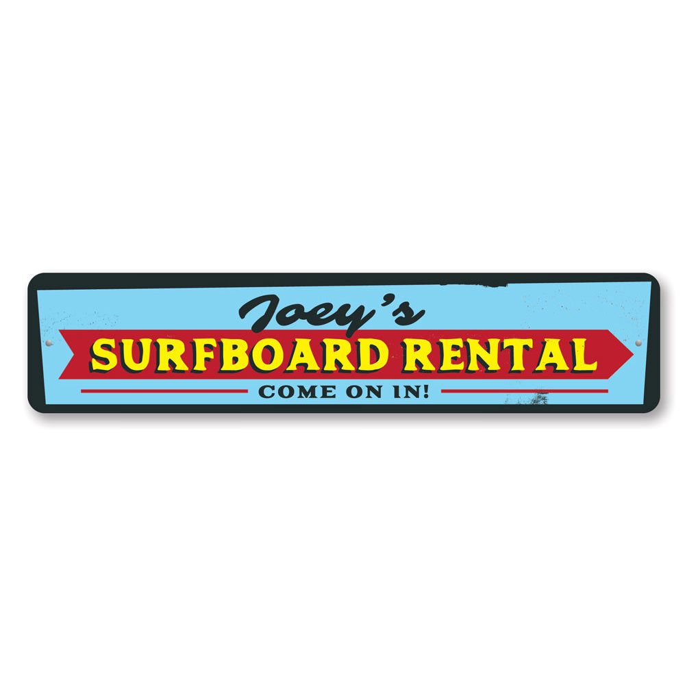 A vibrant Surfboard Rental Sign made of high-quality aluminum, featuring customizable text and a beach-themed design, perfect for coastal decor.