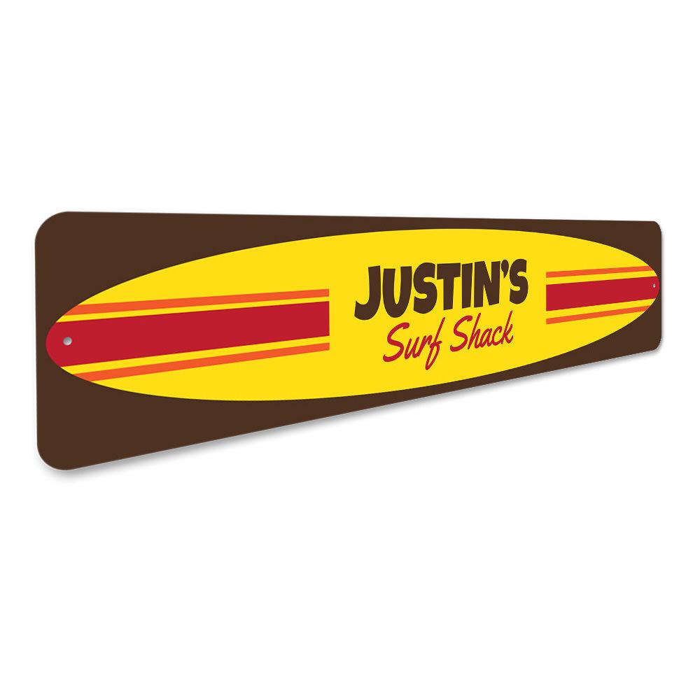 A vibrant Surfboard Sign featuring customizable text, made from high-quality aluminum, perfect for beach-themed decor.