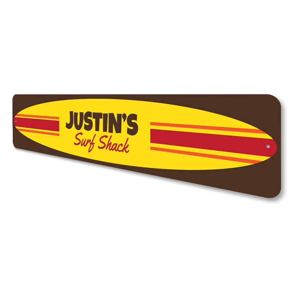 A vibrant Surfboard Sign featuring customizable text, made from high-quality aluminum, perfect for beach-themed decor.