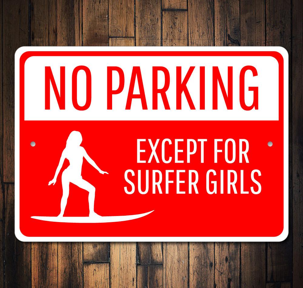 Surfer Girl Parking Only Sign made of durable aluminum, featuring a vibrant design perfect for beach-themed decor.