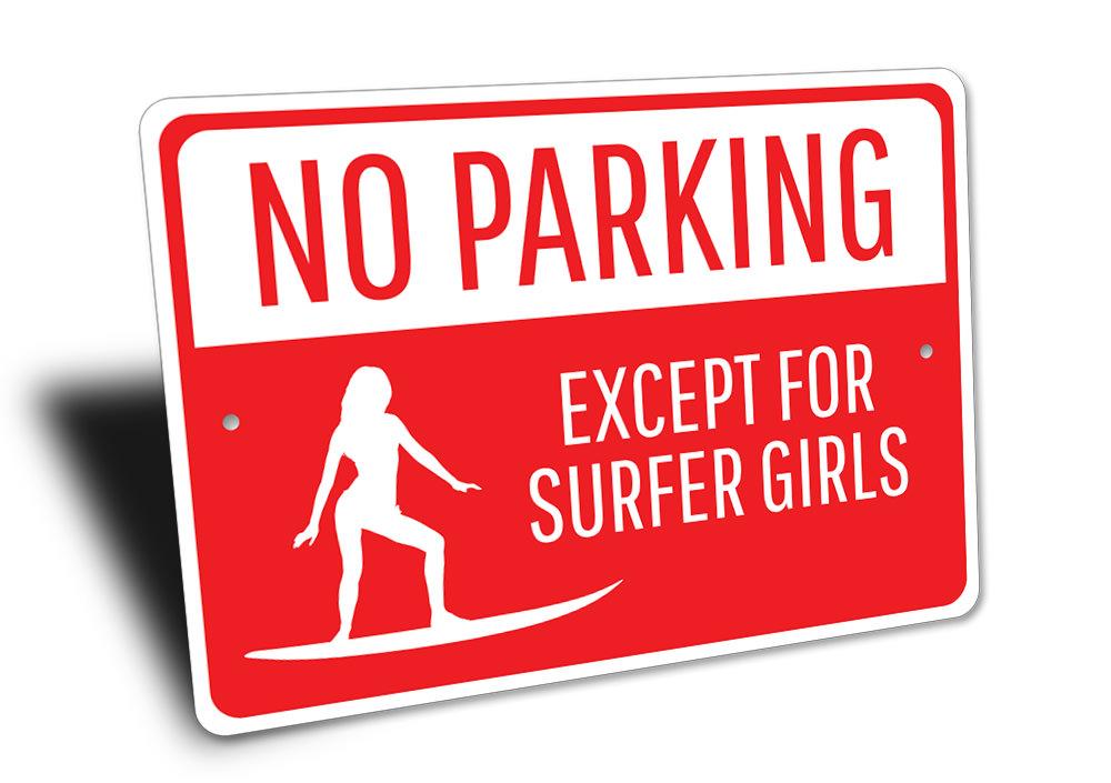 Surfer Girl Parking Only Sign made of durable aluminum, featuring a vibrant design perfect for beach-themed decor.