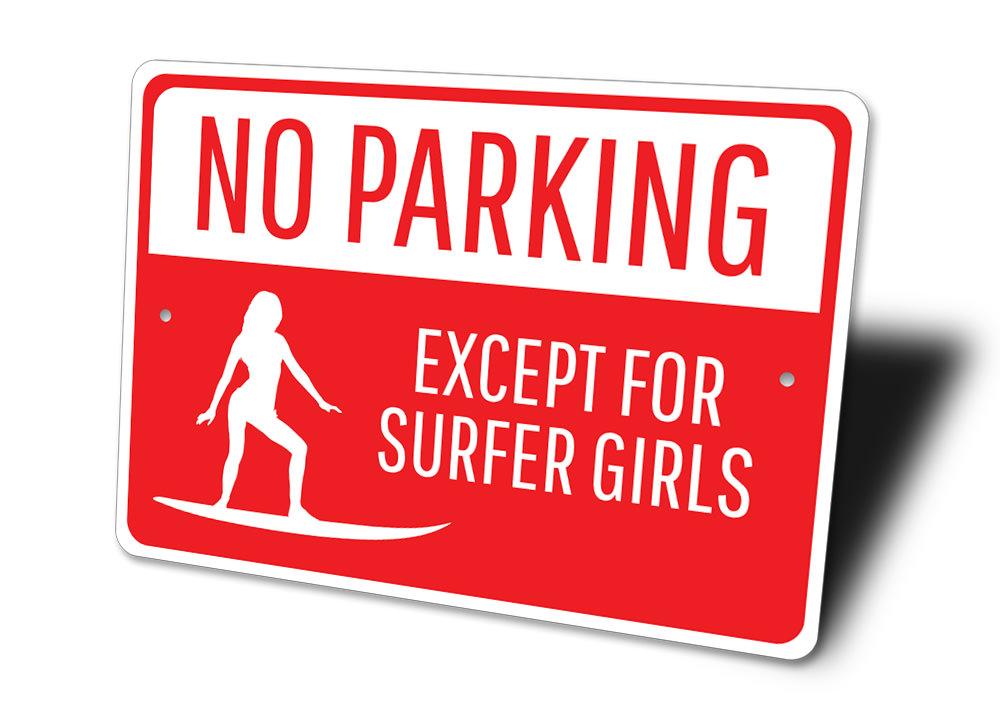 Surfer Girl Parking Only Sign made of durable aluminum, featuring a vibrant design perfect for beach-themed decor.