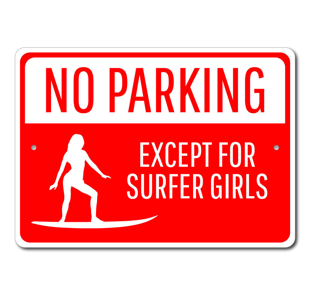 Surfer Girl Parking Only Sign made of durable aluminum, featuring a vibrant design perfect for beach-themed decor.