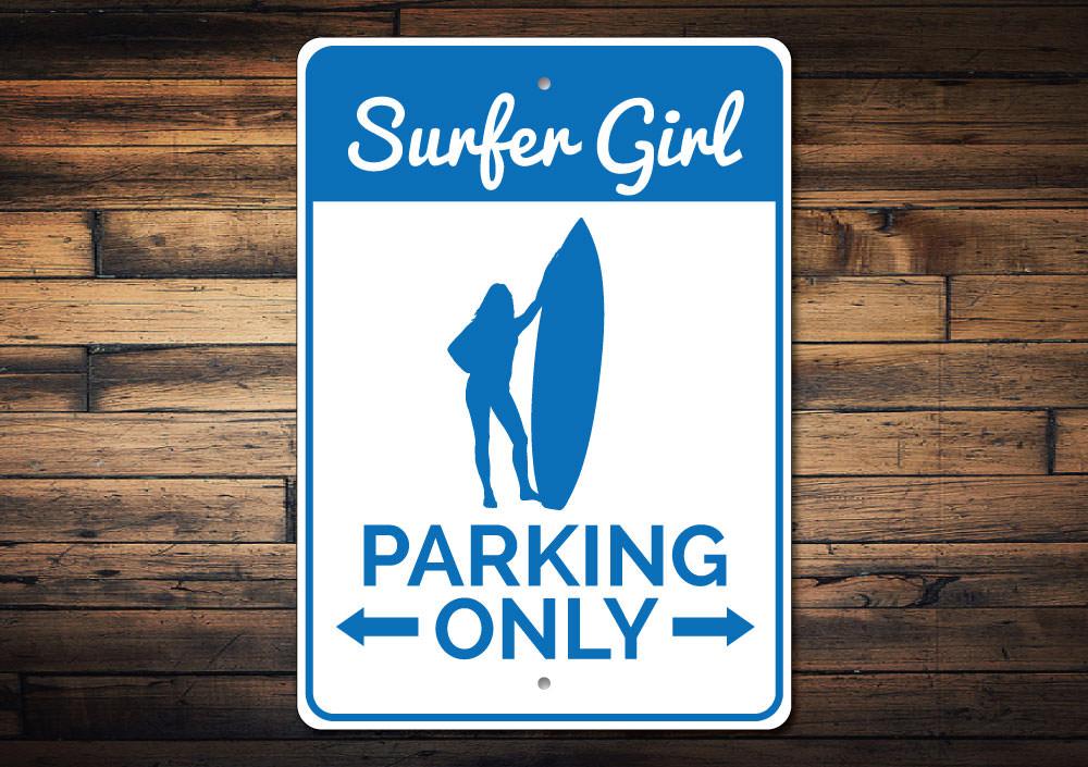 Surfer Girl Parking Sign made of durable aluminum, featuring a vibrant design perfect for beach-themed decor.