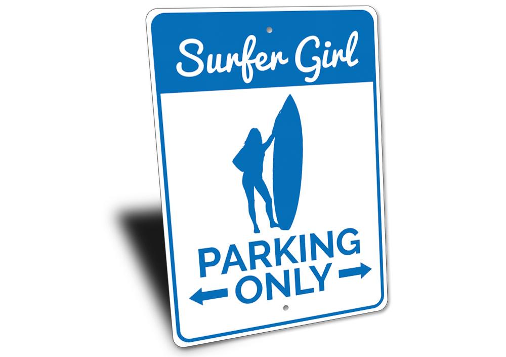 Surfer Girl Parking Sign made of durable aluminum, featuring a vibrant design perfect for beach-themed decor.