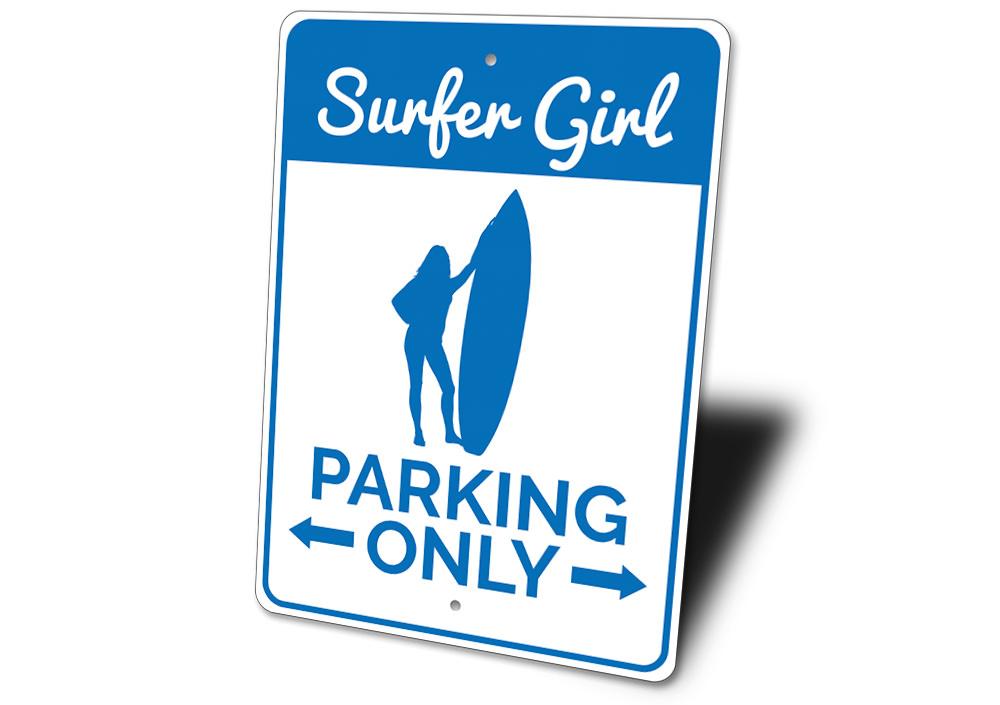 Surfer Girl Parking Sign made of durable aluminum, featuring a vibrant design perfect for beach-themed decor.