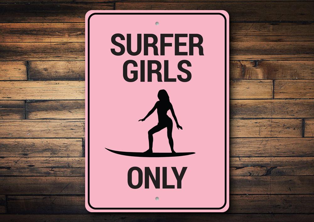 Surfer Girl Power Sign made of high-quality aluminum, featuring vibrant colors and a beach-themed design, perfect for wall decor.