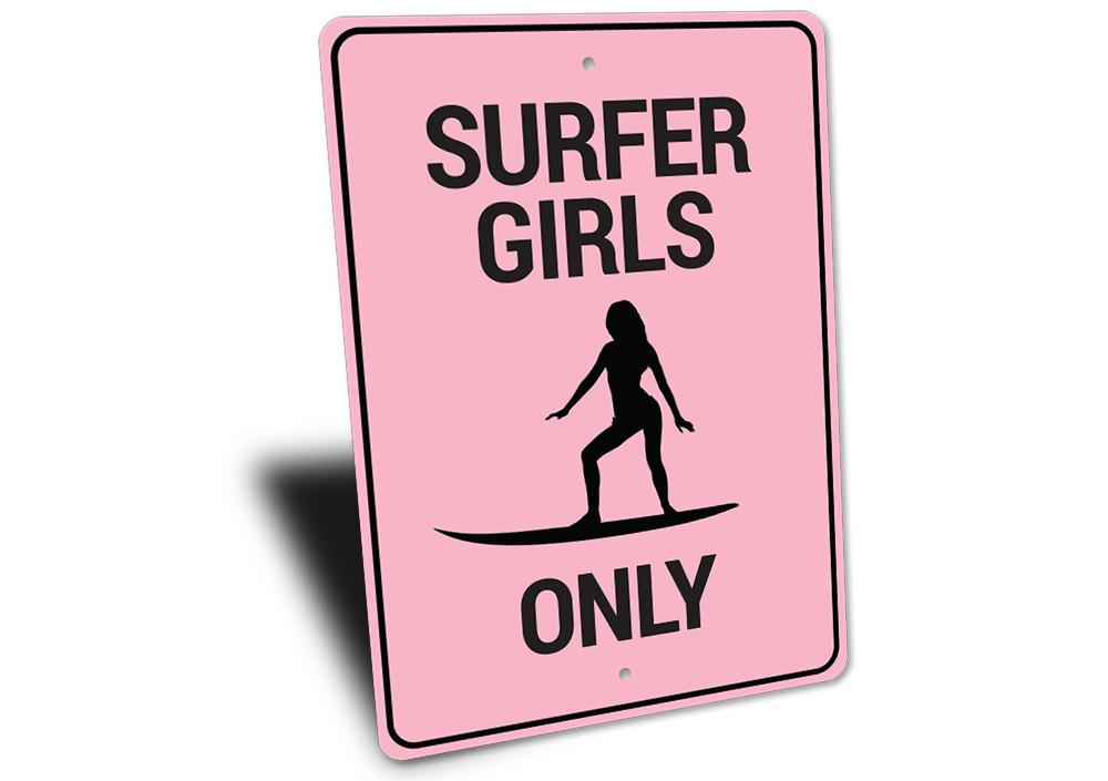 Surfer Girl Power Sign made of high-quality aluminum, featuring vibrant colors and a beach-themed design, perfect for wall decor.