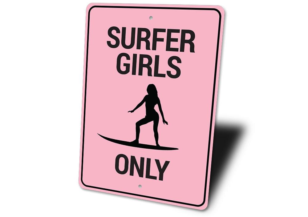 Surfer Girl Power Sign made of high-quality aluminum, featuring vibrant colors and a beach-themed design, perfect for wall decor.