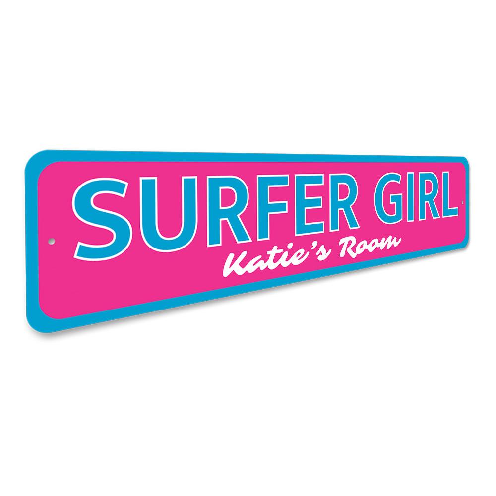 A colorful Surfer Girl Sign featuring a vibrant beach theme, perfect for kids' rooms and beach decor.