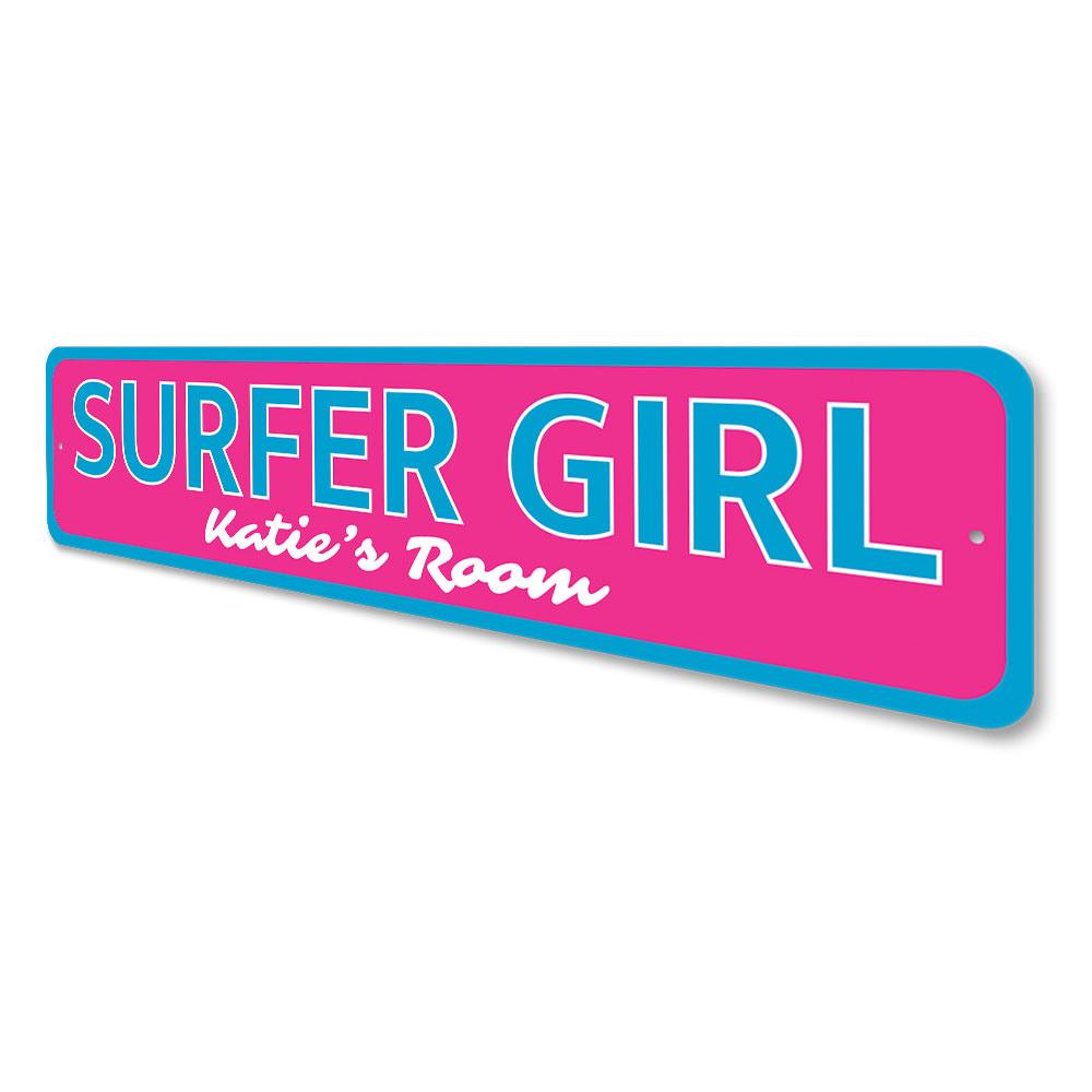 A colorful Surfer Girl Sign featuring a vibrant beach theme, perfect for kids' rooms and beach decor.