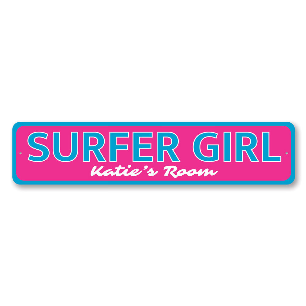 A colorful Surfer Girl Sign featuring a vibrant beach theme, perfect for kids' rooms and beach decor.