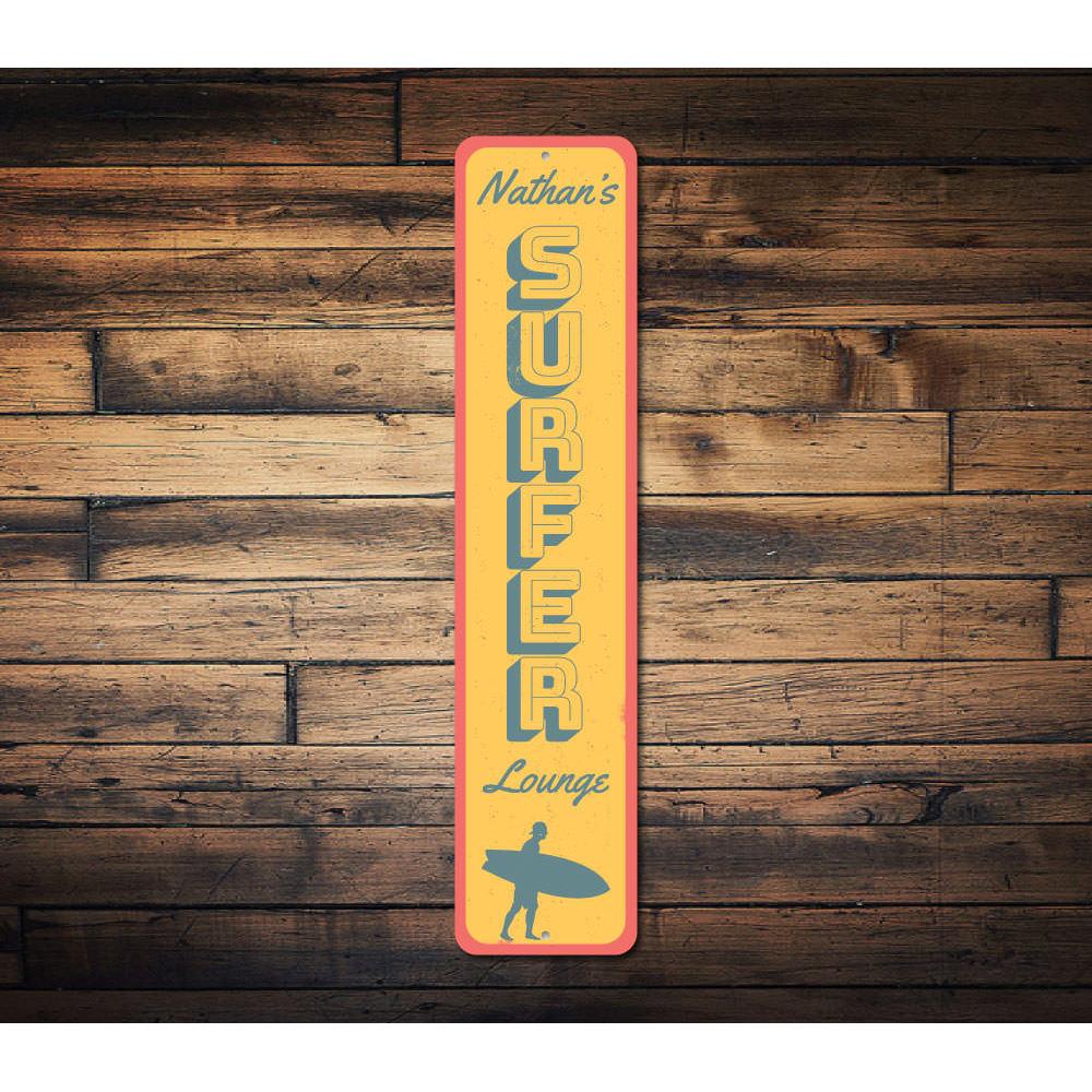 Surfer Lounge Vertical Sign featuring vibrant beach-themed design, perfect for coastal decor.