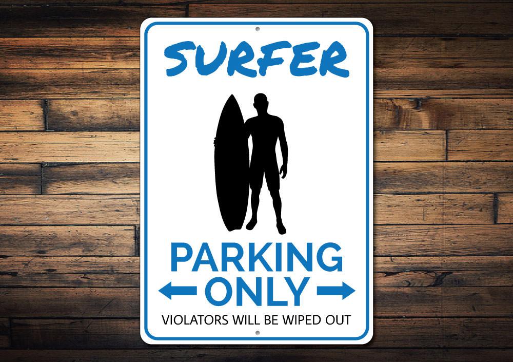 Surfer Parking Sign made of high-quality aluminum, featuring a vibrant beach-themed design, perfect for coastal decor.