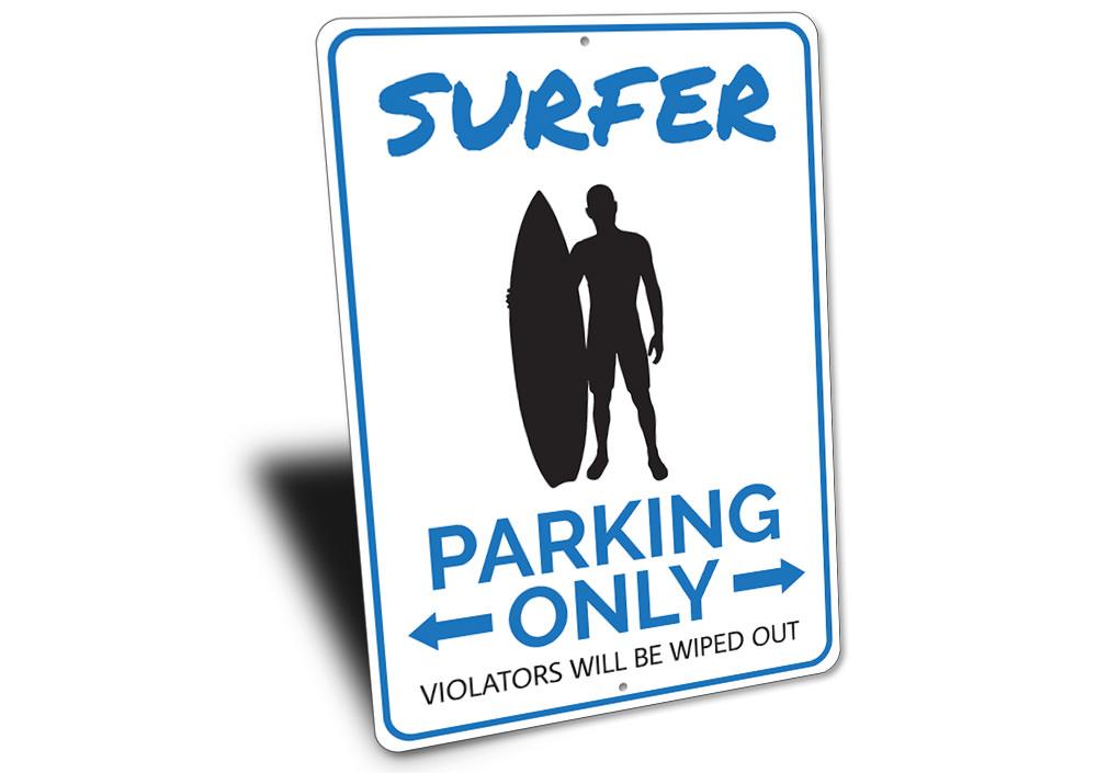 Surfer Parking Sign made of high-quality aluminum, featuring a vibrant beach-themed design, perfect for coastal decor.