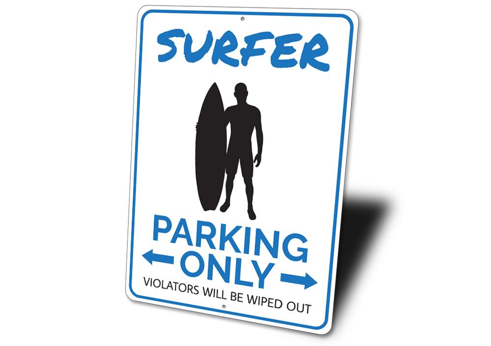 Surfer Parking Sign made of high-quality aluminum, featuring a vibrant beach-themed design, perfect for coastal decor.