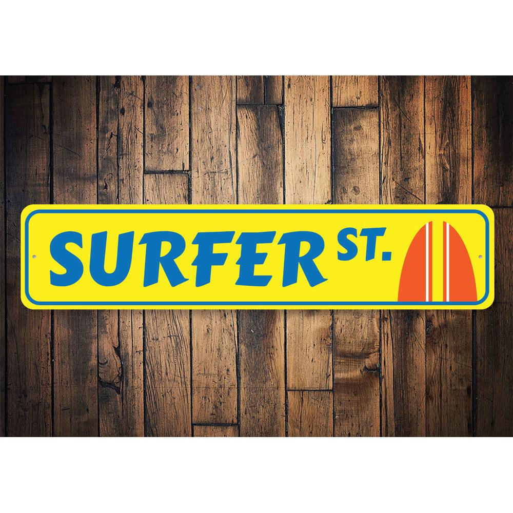 Surfer Street Sign made of high-quality aluminum, featuring vibrant colors and a beach-themed design, perfect for coastal decor.