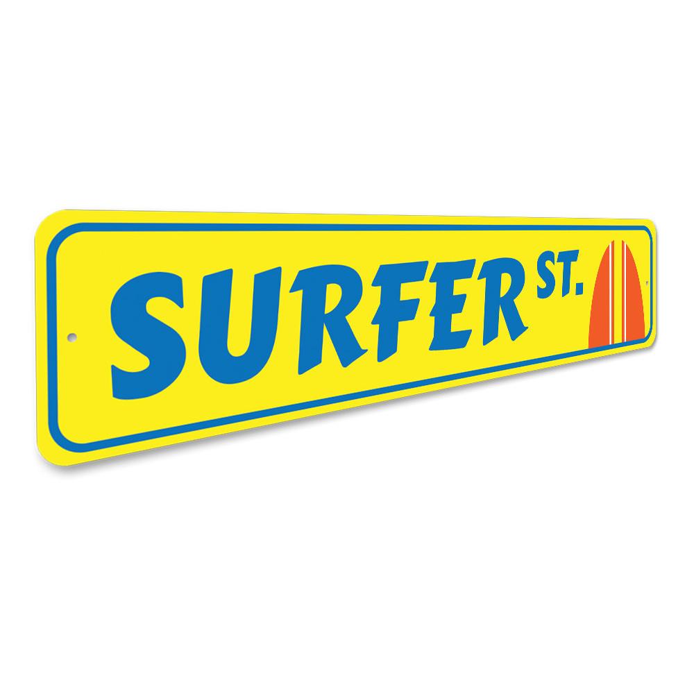 Surfer Street Sign made of high-quality aluminum, featuring vibrant colors and a beach-themed design, perfect for coastal decor.