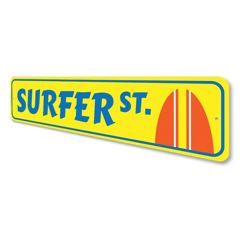 Surfer Street Sign made of high-quality aluminum, featuring vibrant colors and a beach-themed design, perfect for coastal decor.