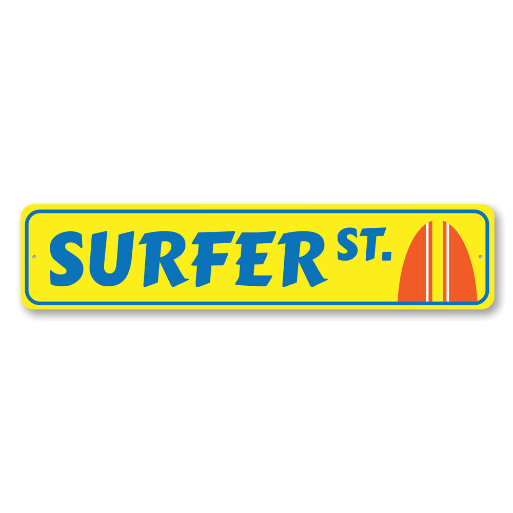 Surfer Street Sign made of high-quality aluminum, featuring vibrant colors and a beach-themed design, perfect for coastal decor.