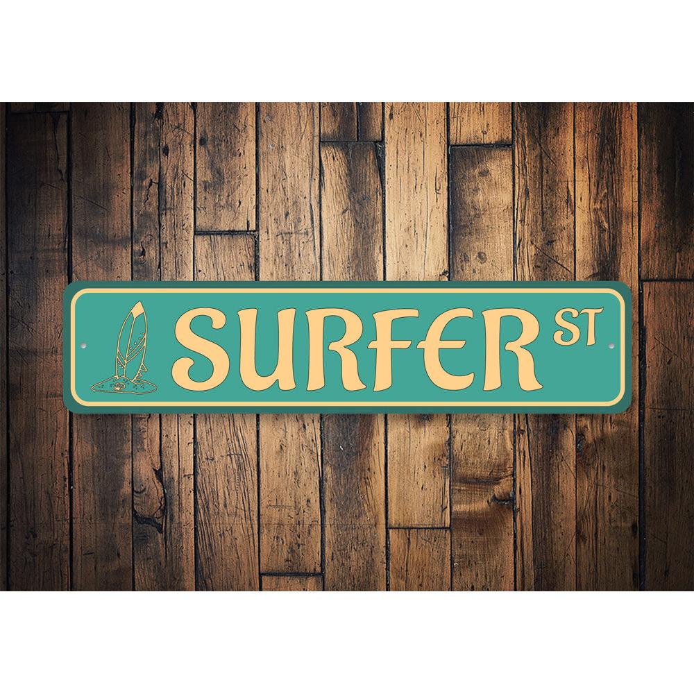 Surfer Street Sign made of quality aluminum, featuring vibrant colors and a beach-themed design, perfect for home decor.