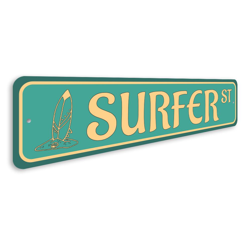 Surfer Street Sign made of quality aluminum, featuring vibrant colors and a beach-themed design, perfect for home decor.